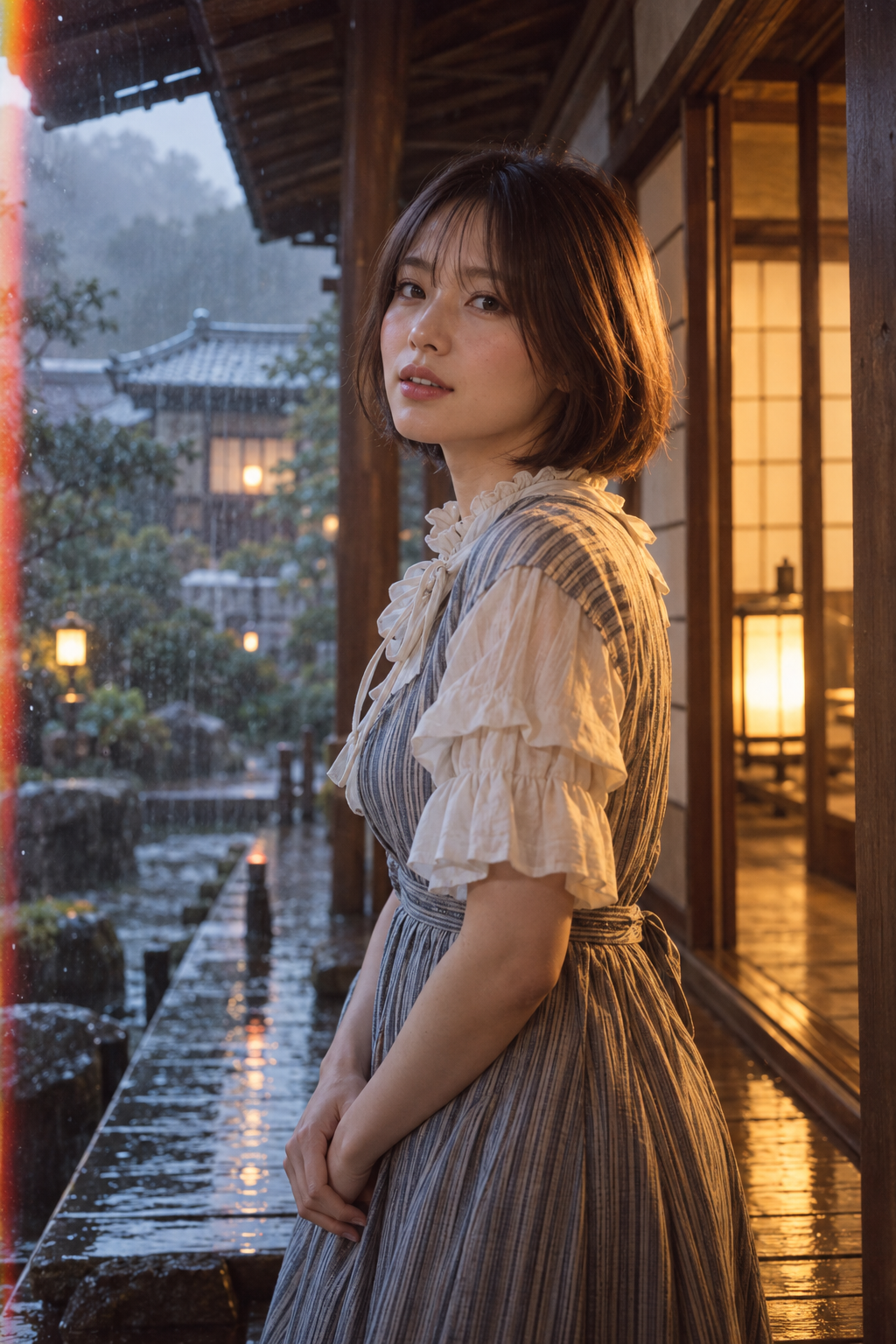 雨の日の和風旅館の縁側で撮る温かな琥珀色のファッションポートレート
