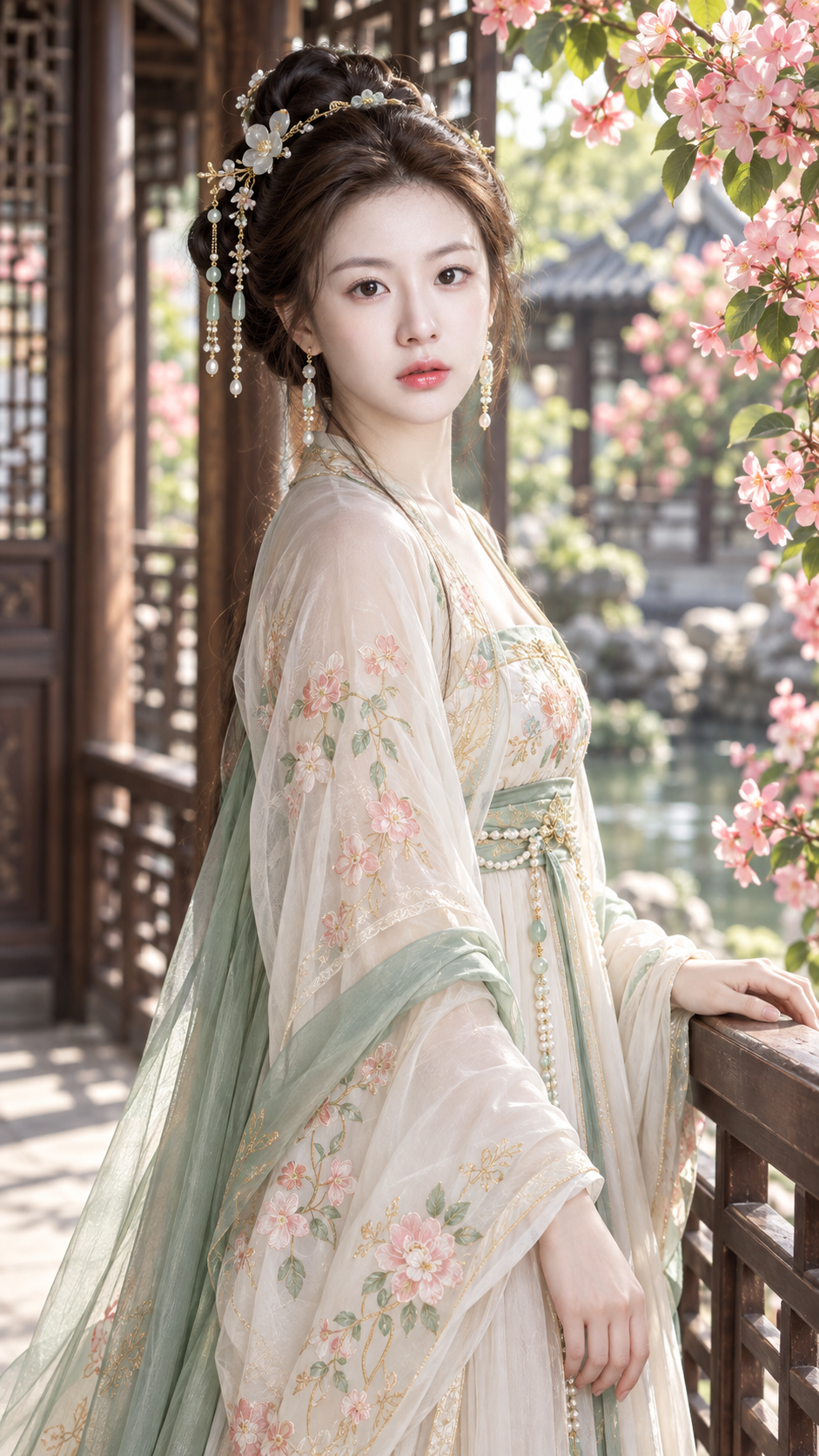 Elegant Lady in a Spring Begonia Courtyard