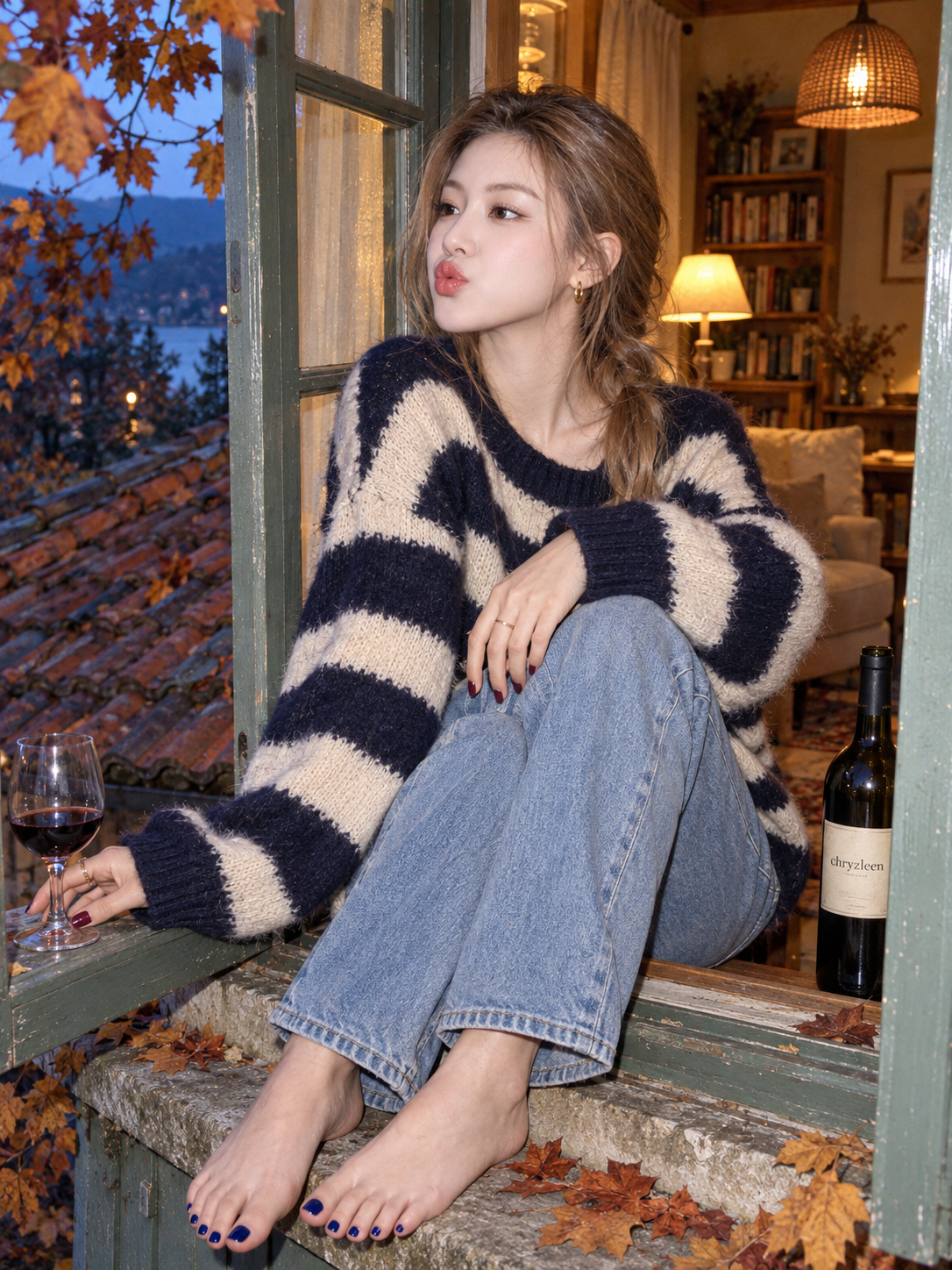 秋の窓辺、ヴィンテージデジカメ風ポートレート