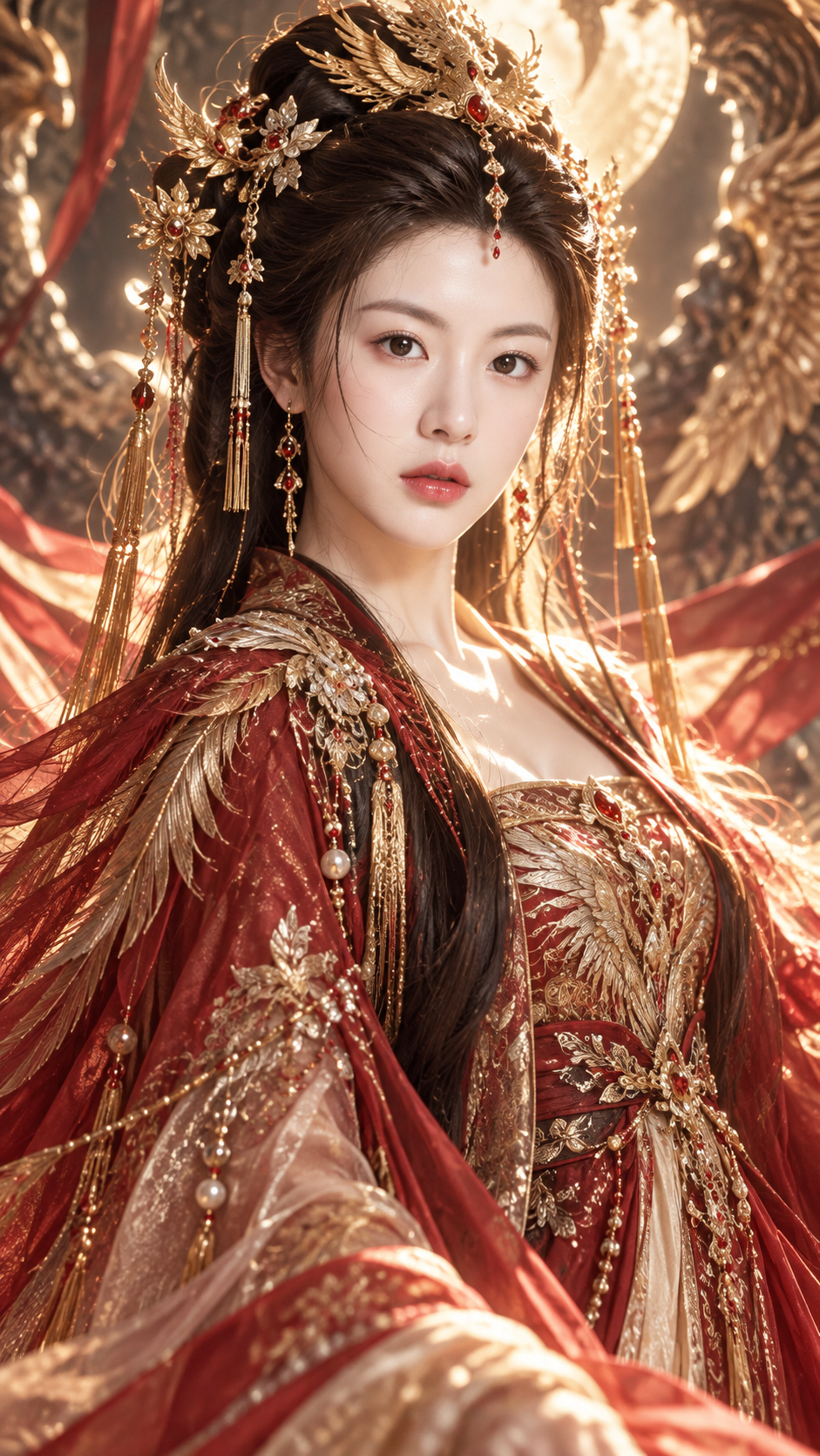 Portrait d'une femme adulte en tenue divine de phénix doré et rouge, style CCD pure et séduisante