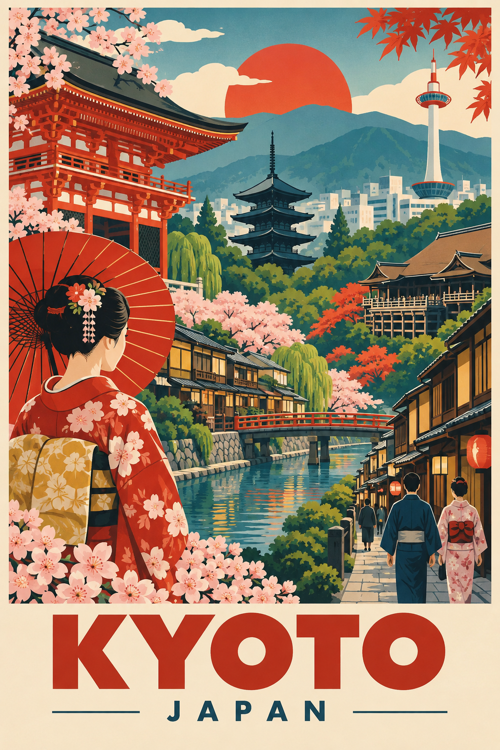 Illustration d'affiche de voyage urbaine rétro en vecteur plat