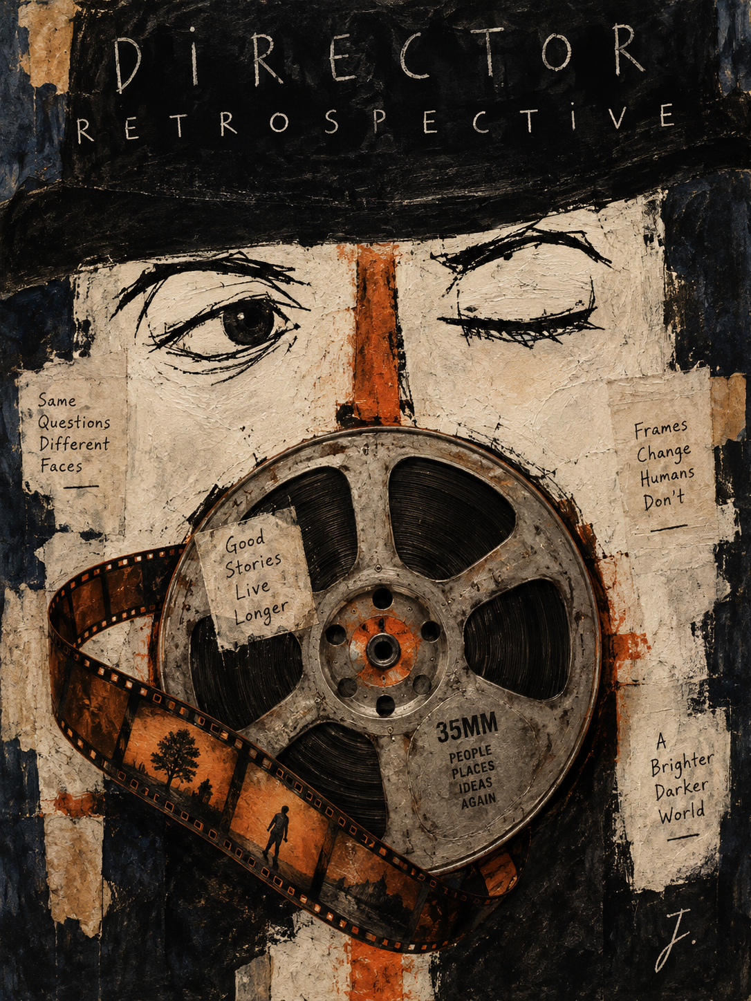 Affiche portrait en collage brut pour la rétrospective d'un réalisateur