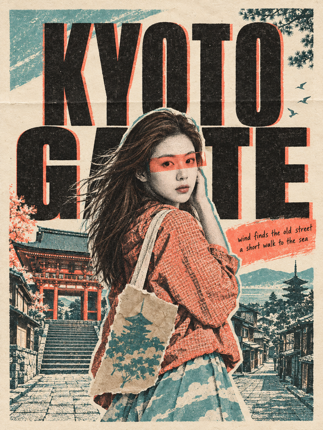 孔版印刷の切り絵コラージュ旅行ポスター
