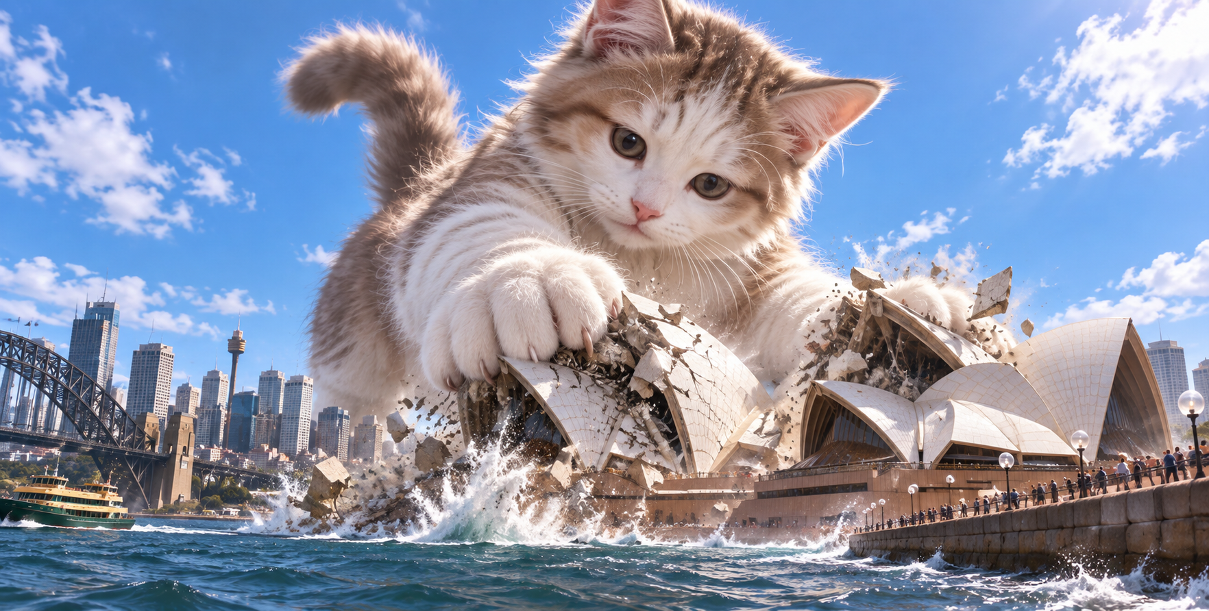 シドニー湾岸のランドマークに現れた怪獣子猫