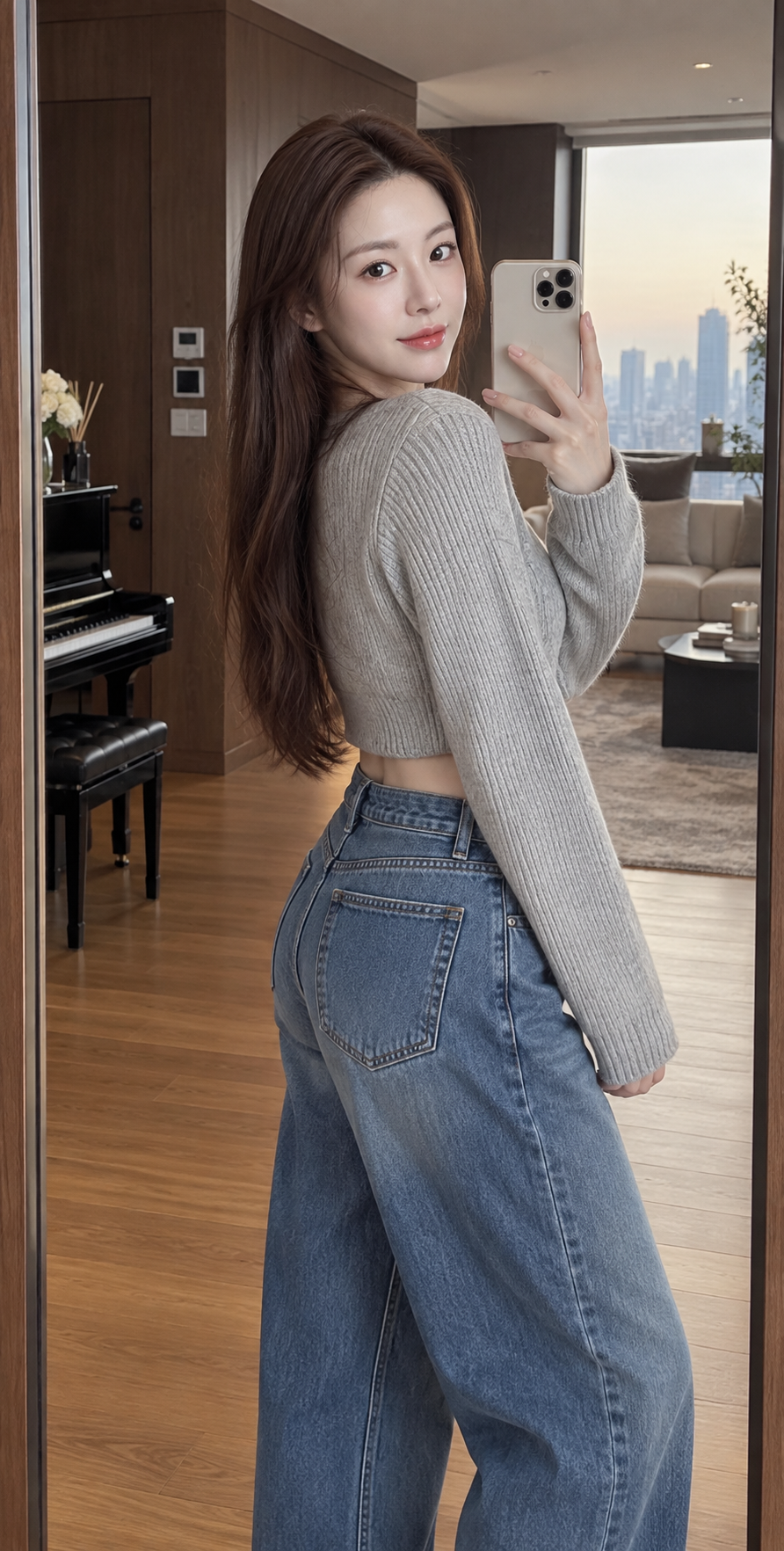 Ảnh selfie gương ấm cúng tự nhiên trong căn hộ hiện đại