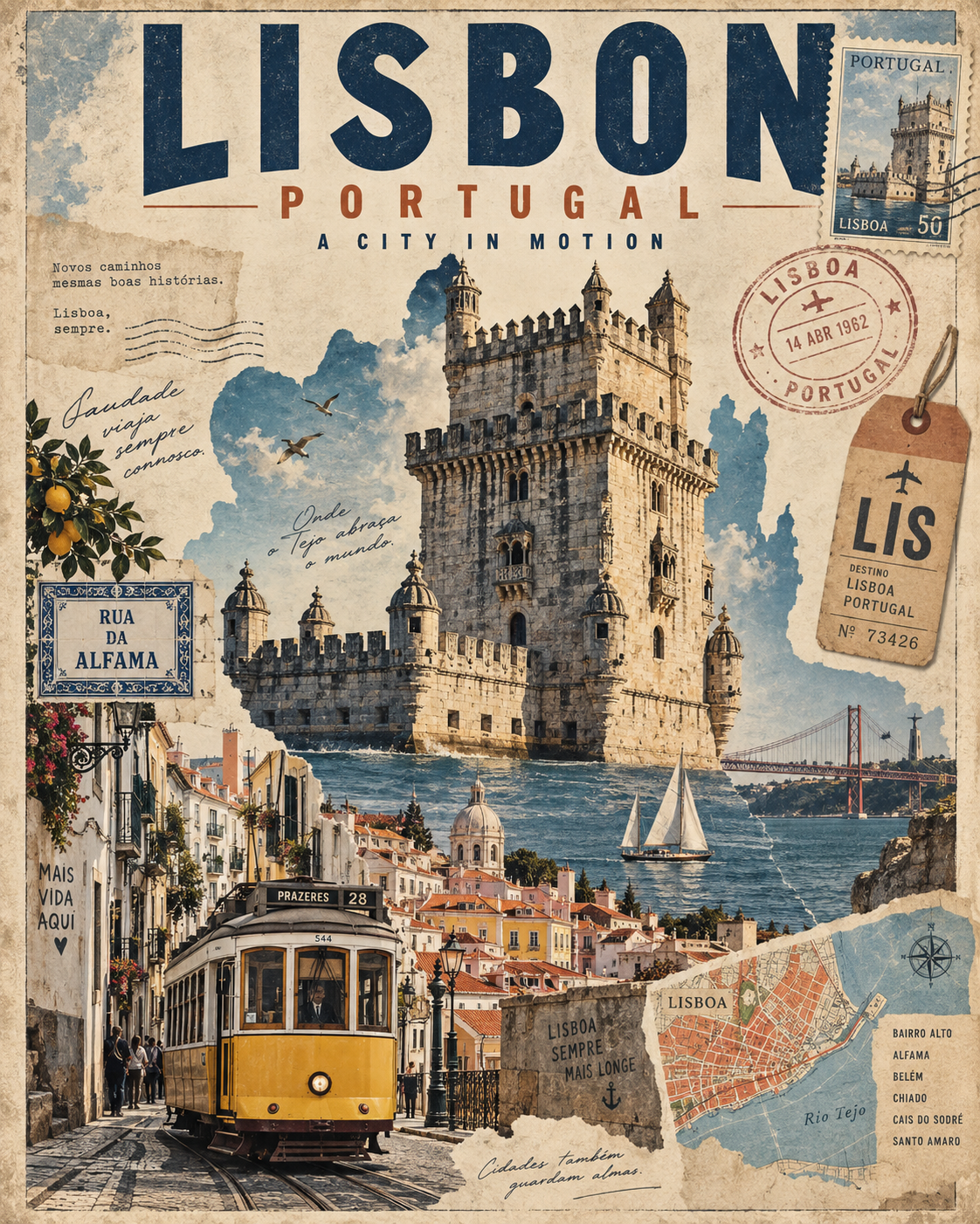 Affiche de voyage vintage en collage urbain — AI image creation