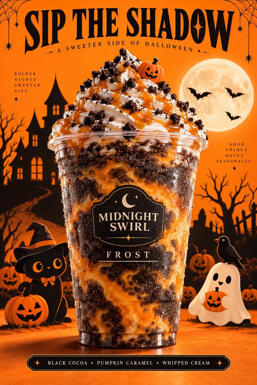 Affiche publicitaire pour la boisson édition limitée Halloween Tourbillon de Minuit