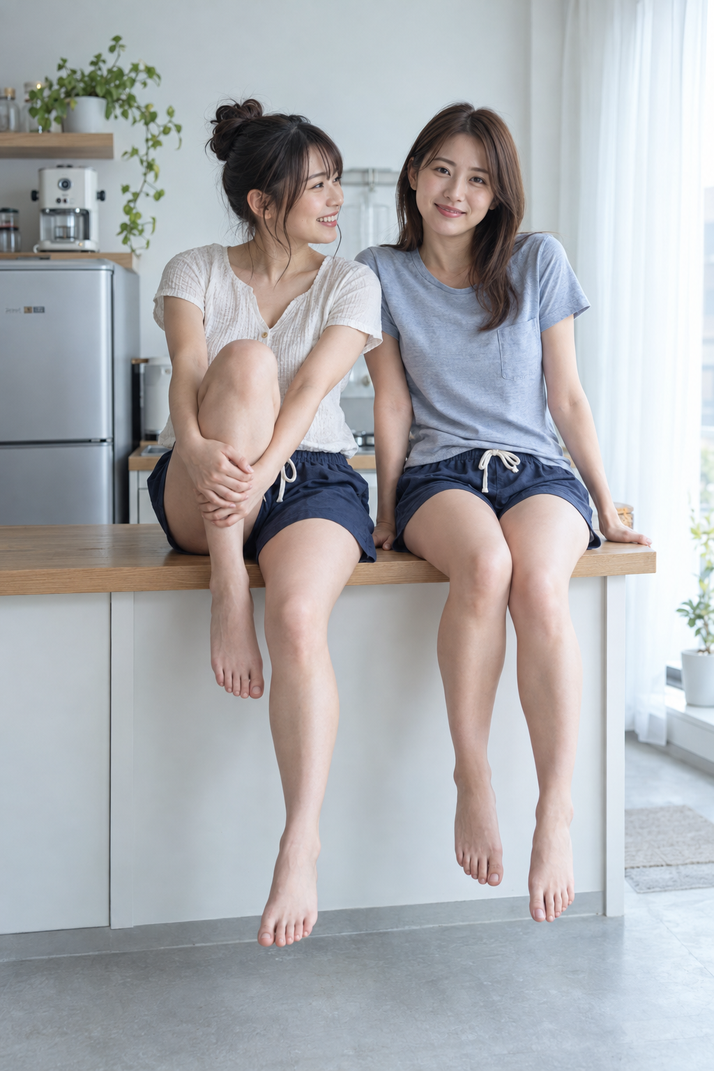 ミニマルなキッチンの木製カウンター上の成人女性二人の生活肖像