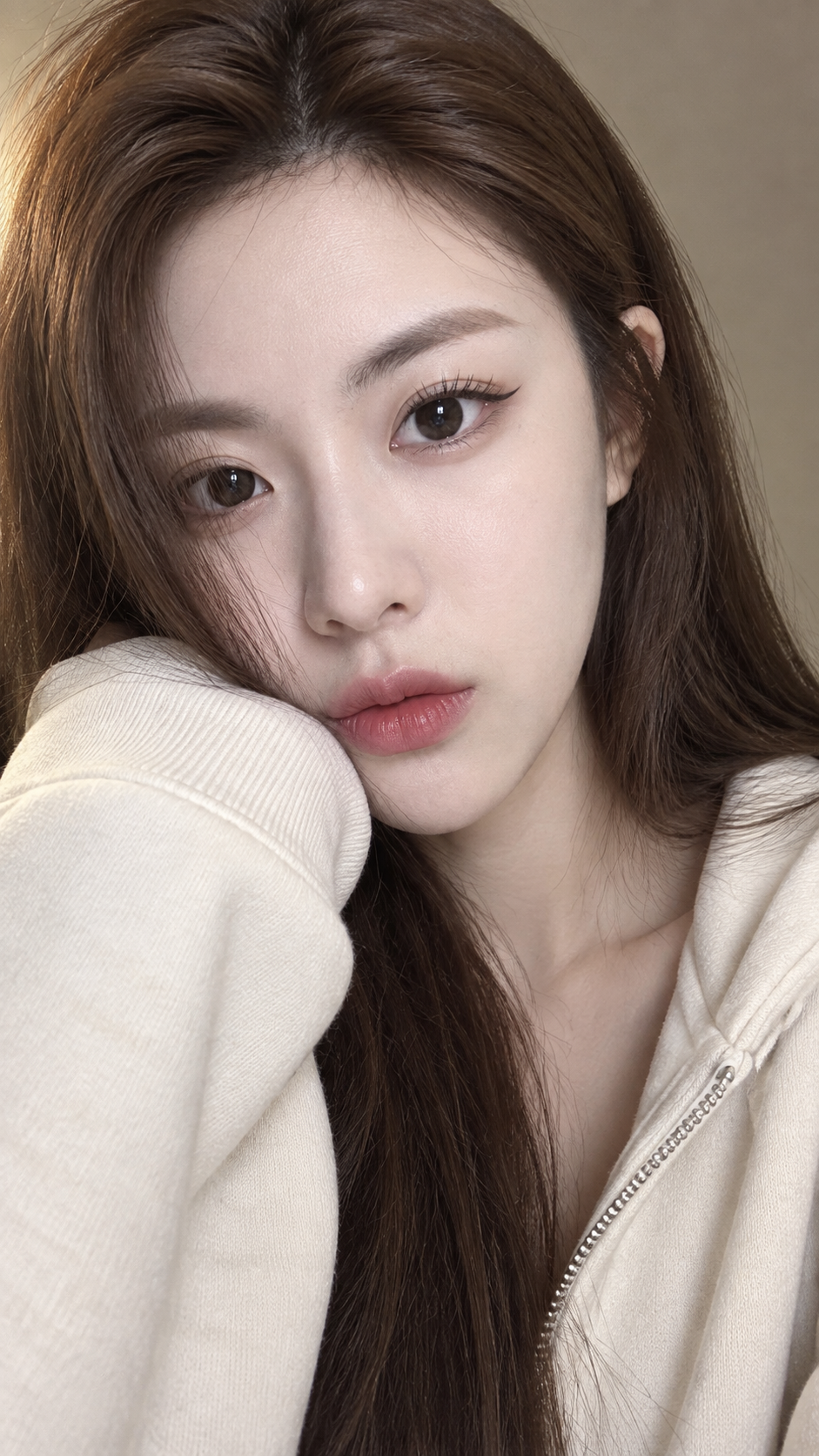 Chân dung selfie cận cảnh người phụ nữ trưởng thành mặc áo hoodie màu be
