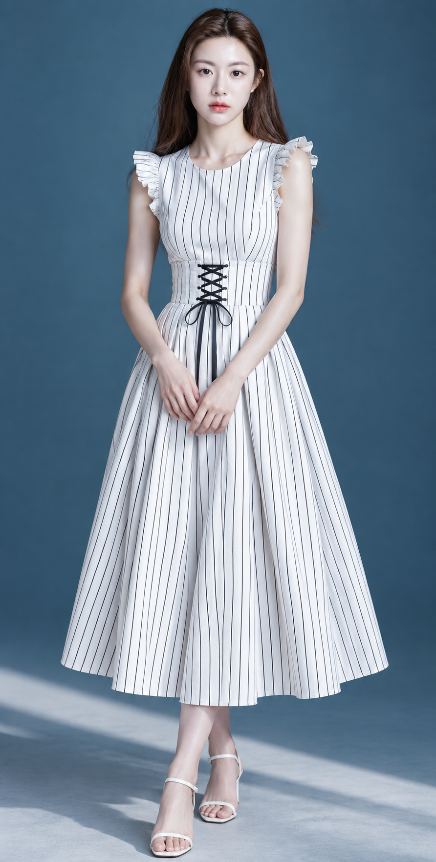 Robe midi sans manches à taille cintrée, rayures noir et blanc minimalistes
