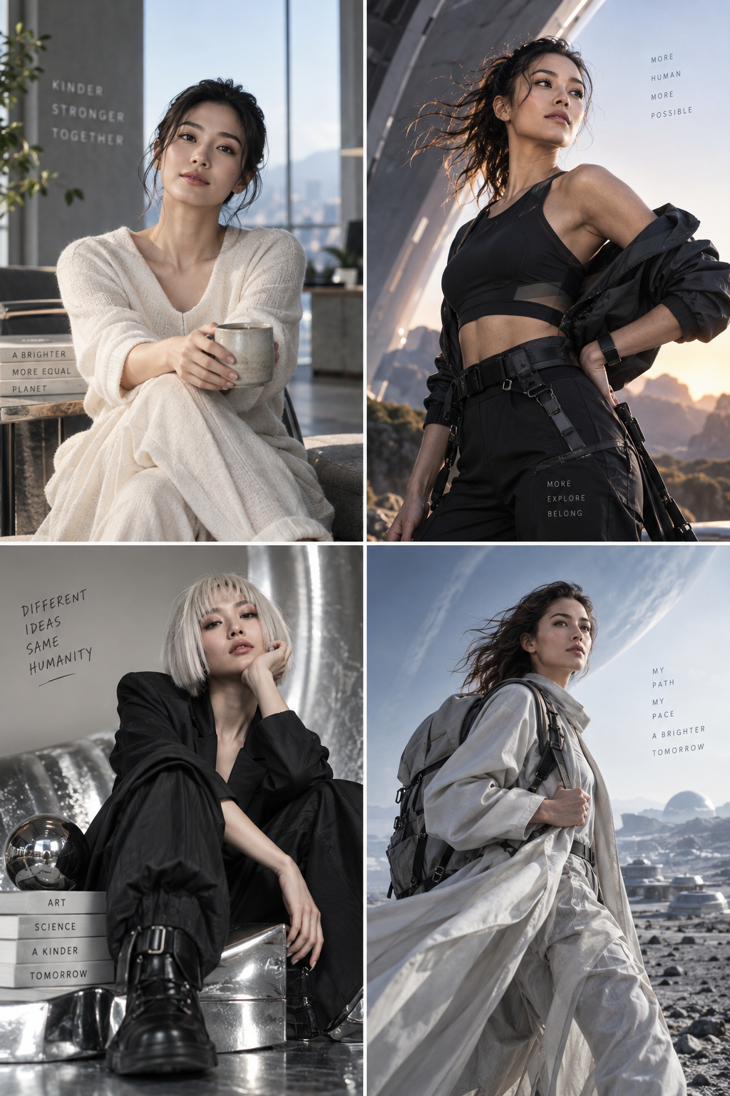 未来の女性の4つのコンセプトポートレート:優しく、毅然と、自立した