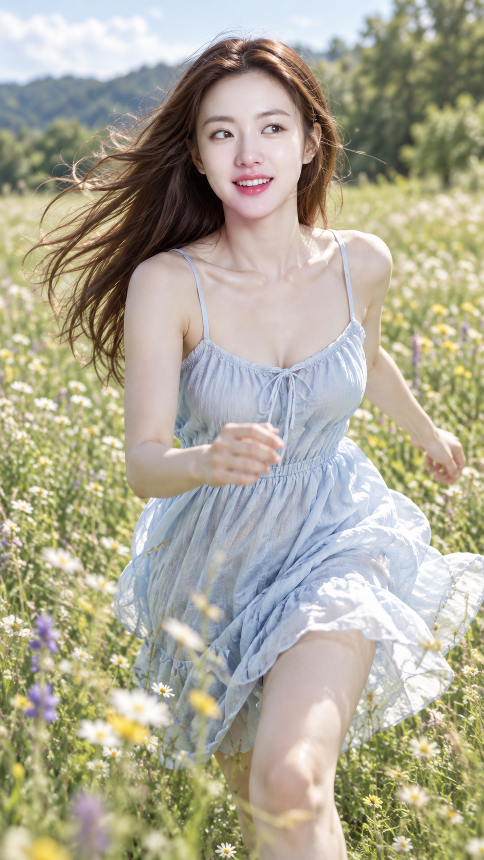 夏の野原を走る少女のファッションポートレート写真