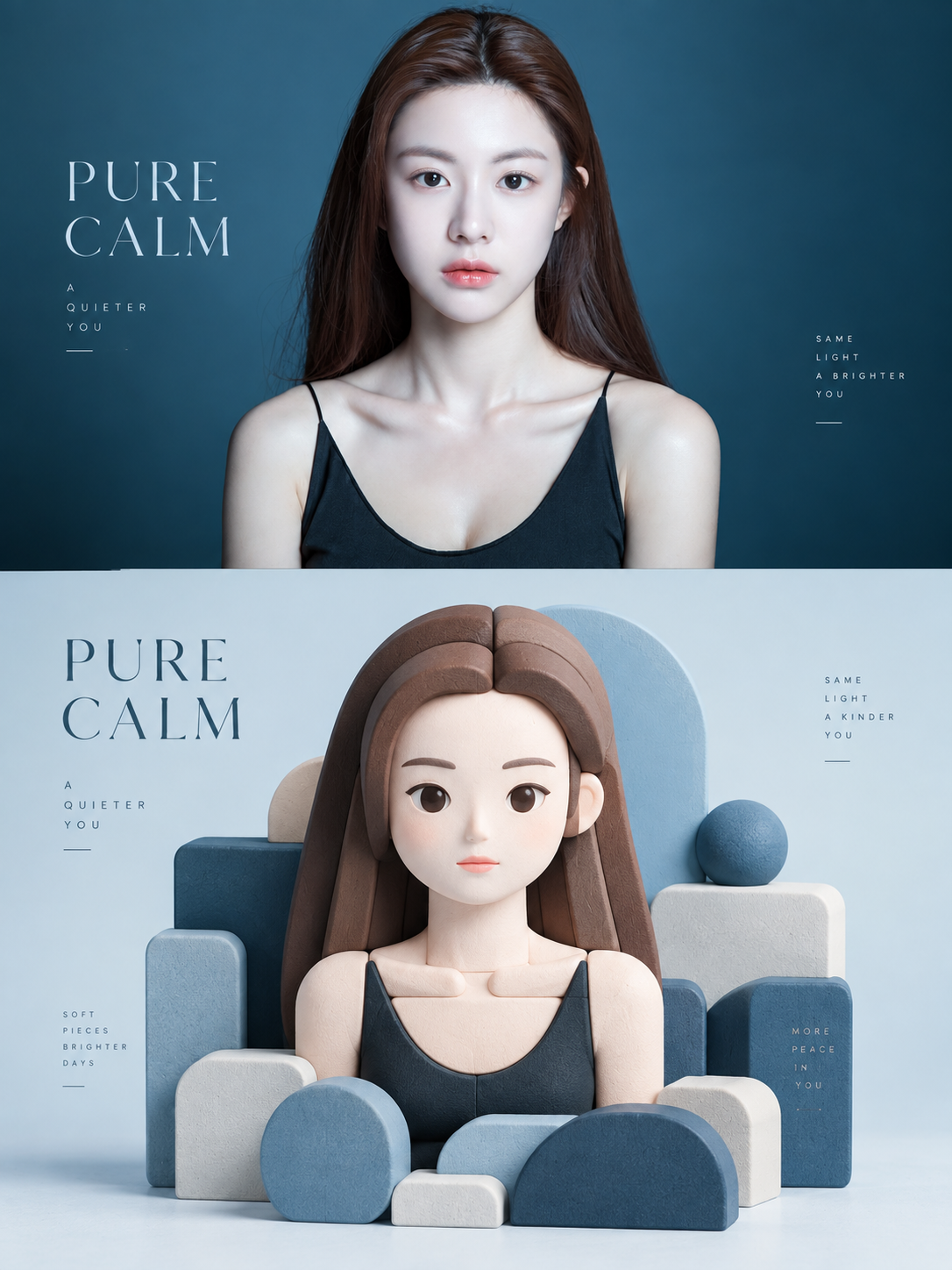 Thiết kế poster cao cấp với nhiếp ảnh chân thực và khối xếp hình chữa lành được giải cấu trúc