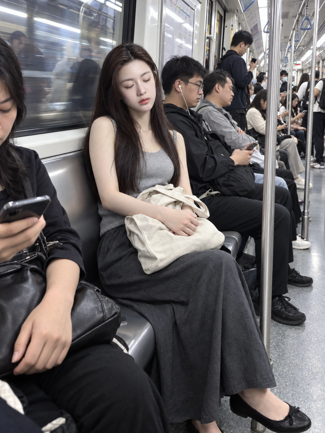 参照外見に紐づく満員電車の朝の通勤で仮眠する成人女性
