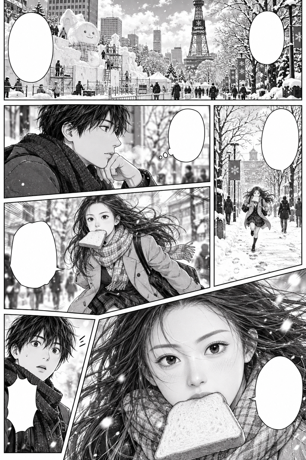 动态分镜黑白日漫札幌雪季奔跑少女