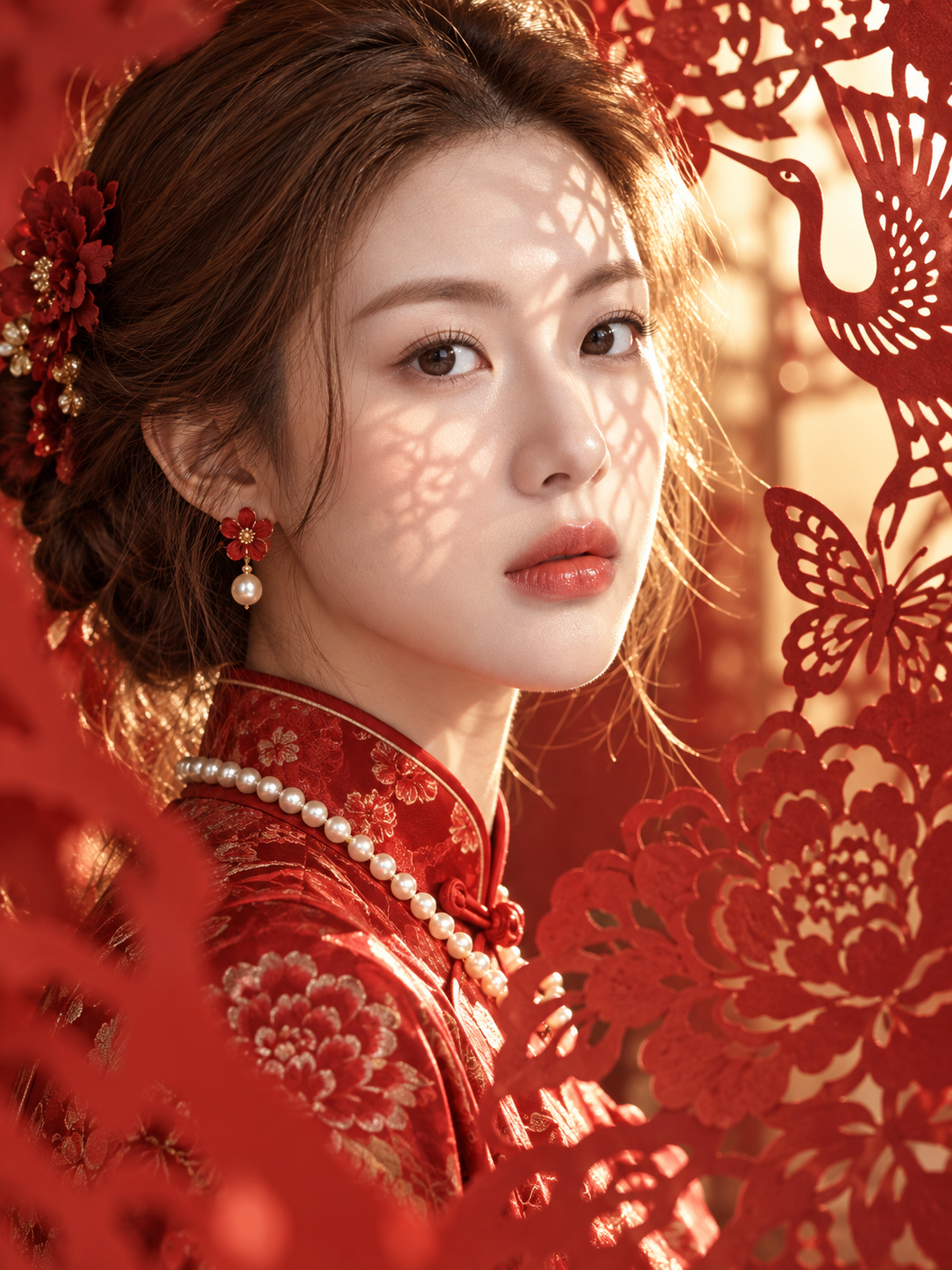 Portrait luxueux en qipao rouge style chinois moderne, jeu d'ombres et de lumières en papier découpé