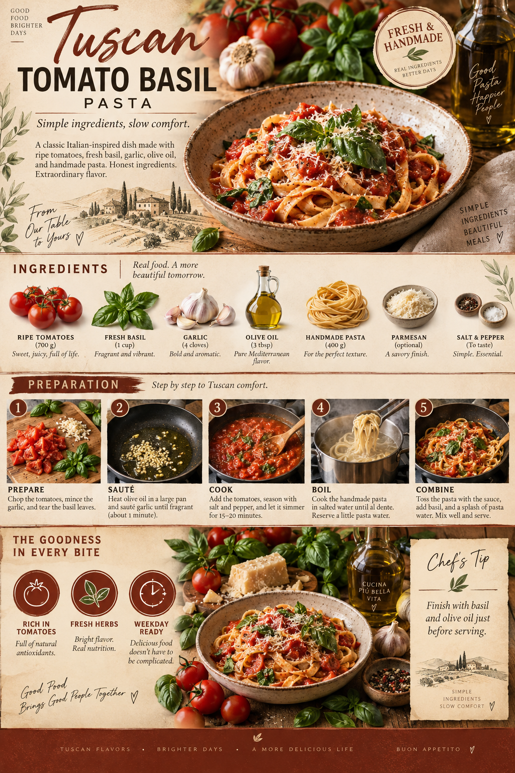 Affiche infographique de pâtes toscanes tomate basilic