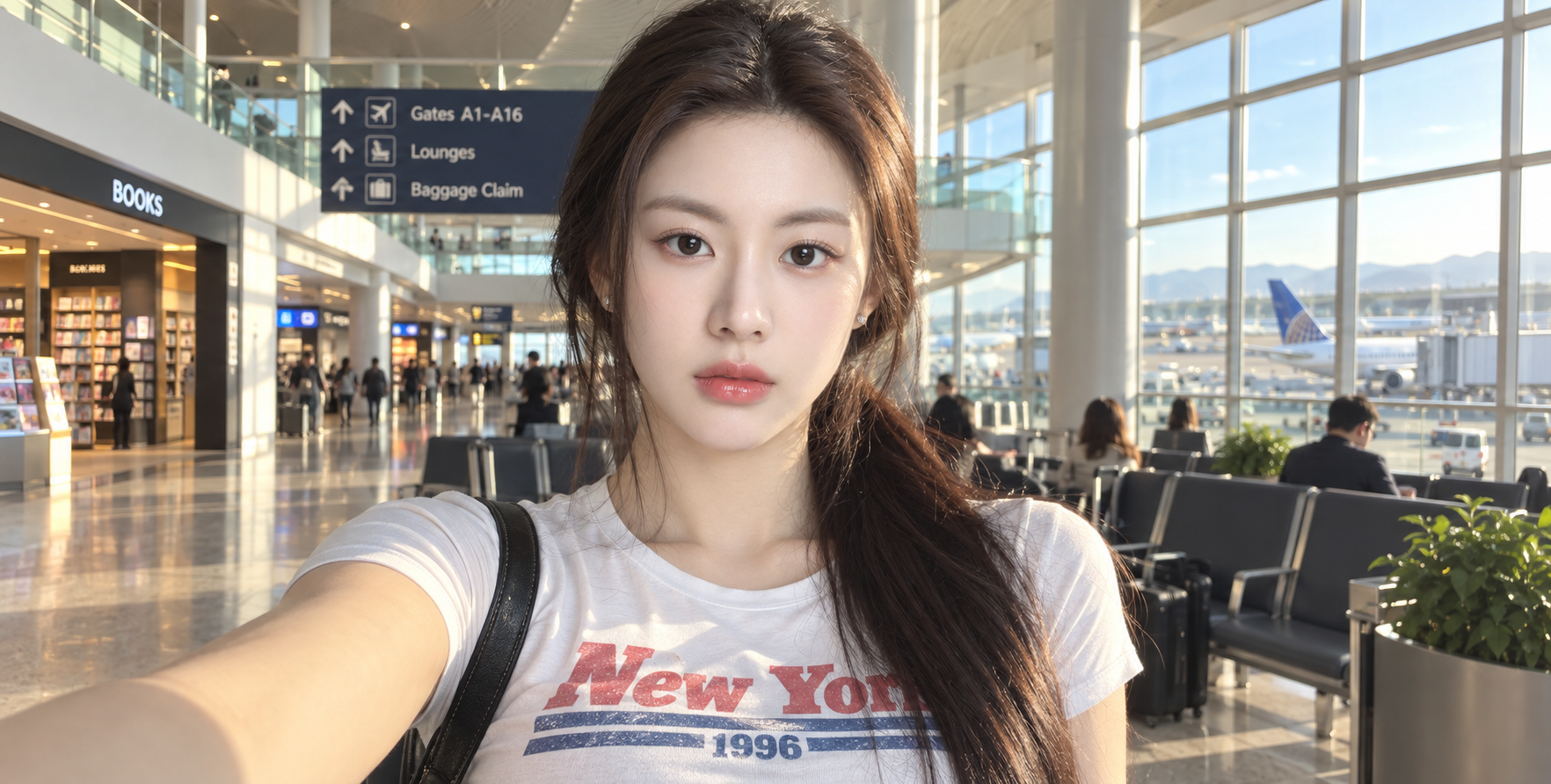 Selfie lifestyle réaliste d'une femme d'Asie de l'Est dans un aéroport moderne