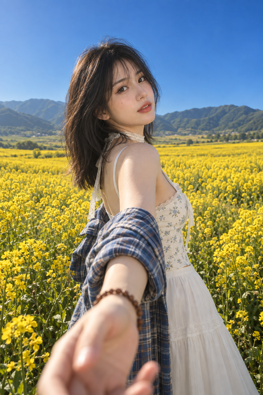 Photographie de mode hyperréaliste d'une femme d'Asie de l'Est dans un champ de colza