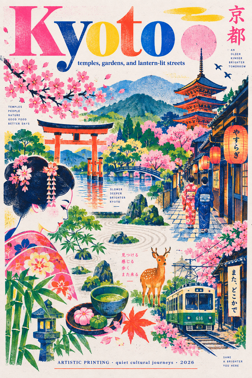 孔版印刷風のモダンな旅行ポスター