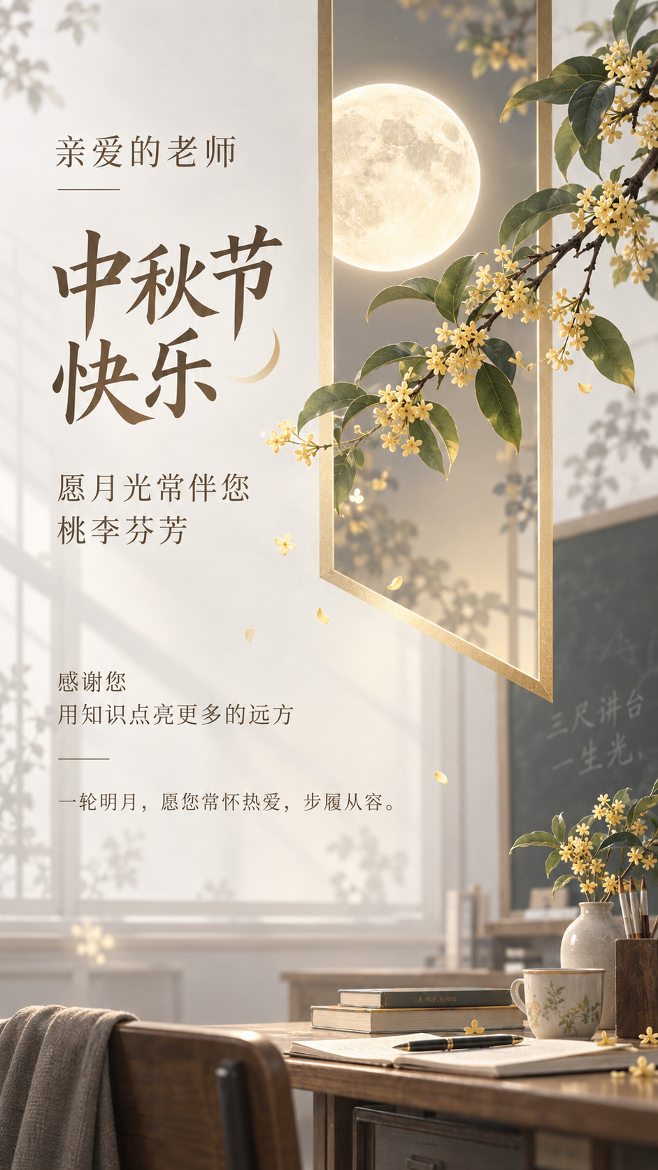 Affiche verticale de bénédiction des enseignants pour la Fête de la Lune avec fenêtre au clair de lune et osmanthus