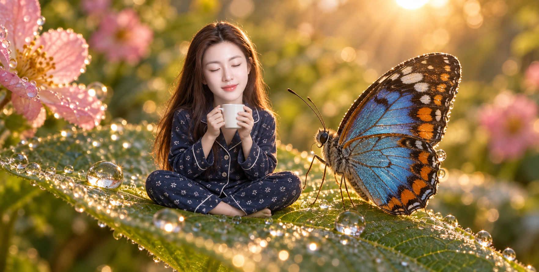 树叶上的微缩男子与蝴蝶金色梦幻微距摄影
