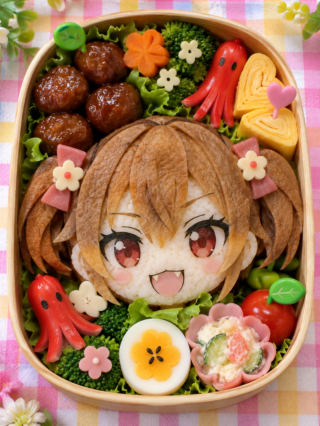 Bento de personnage à couettes aux yeux rouges, détails exquis