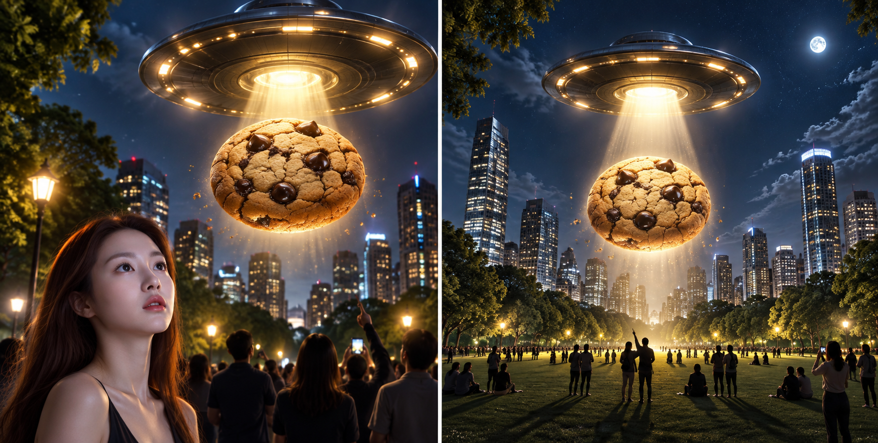 Giant Cookie Under the City Night Sky: Sci-Fi Double Scene