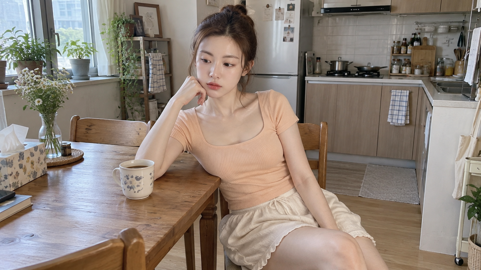 午後のオープンキッチンで大人の女性のiPhoneライフスタイルポートレート