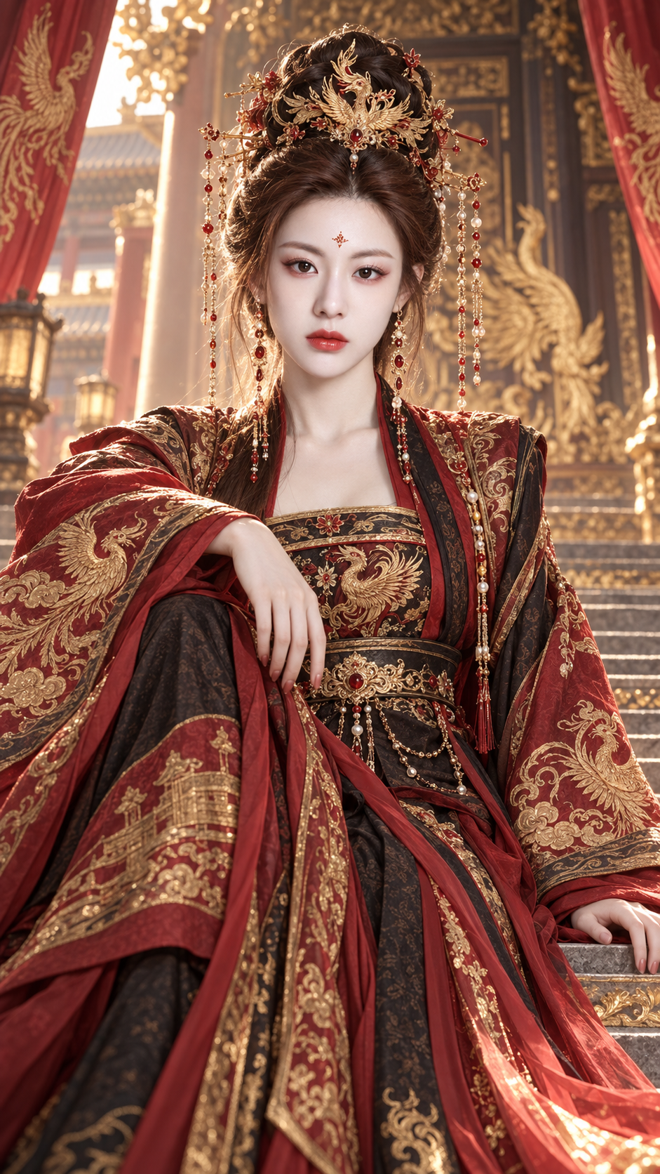 Portrait d'héroïne xianxia adulte style Tang à couronne de phénix vermillon