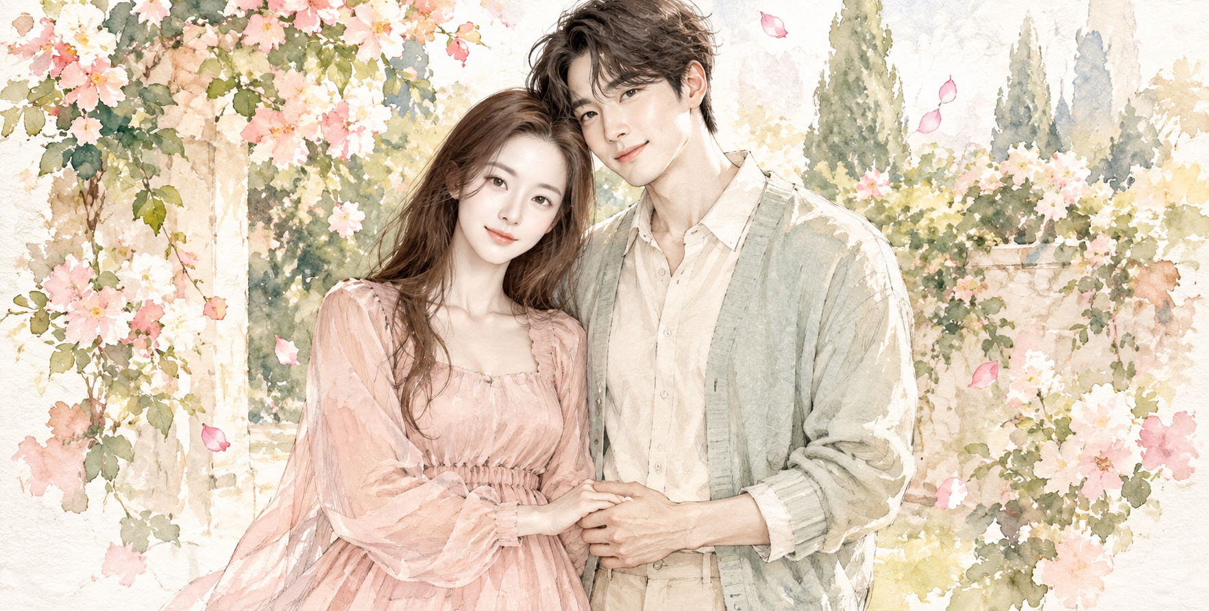 Watercolor Fashion Illustration of an Adult Couple in a Spring Garden
