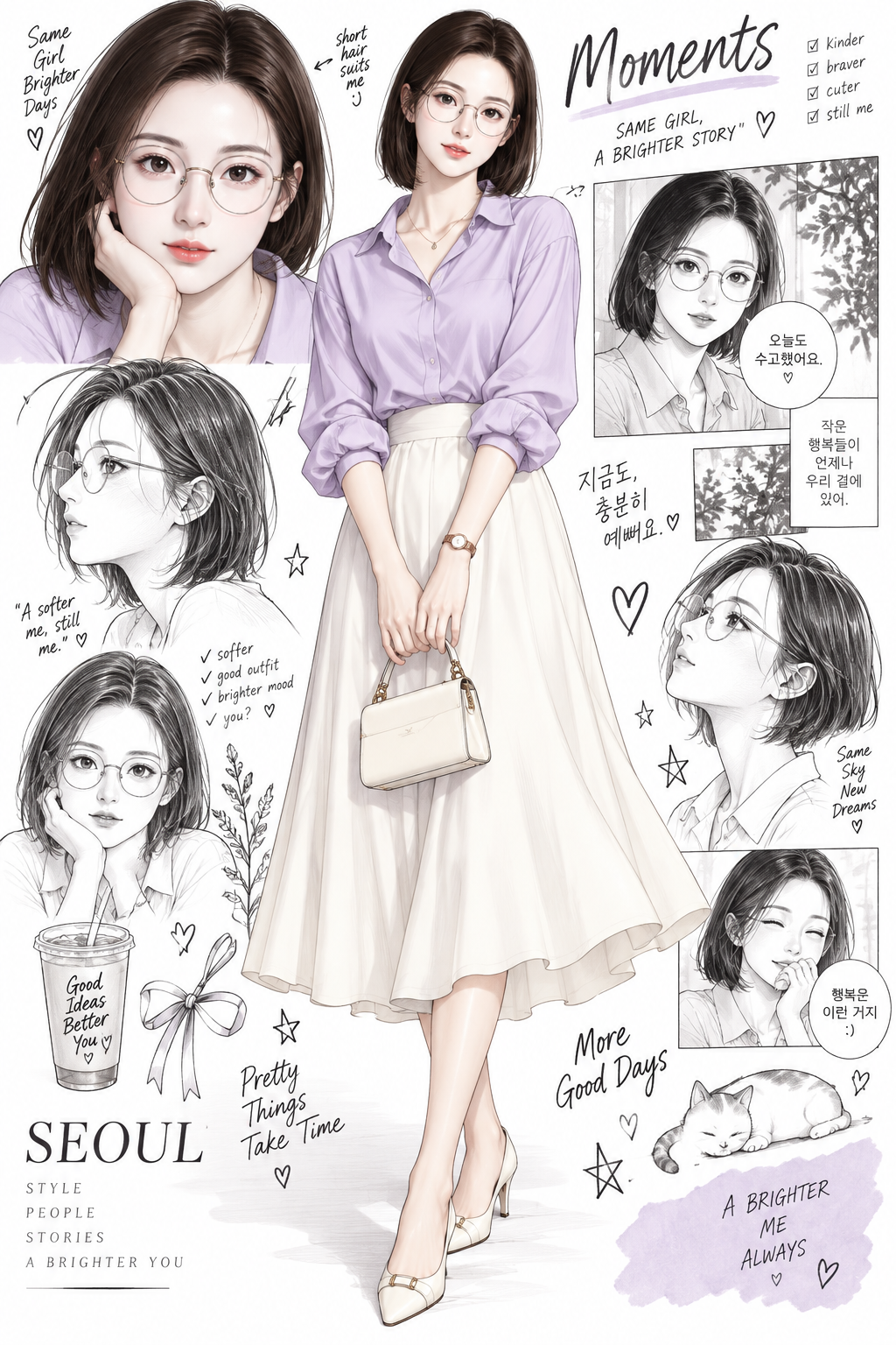 大人の韓国人女性のアニメファッションイラストコラージュ