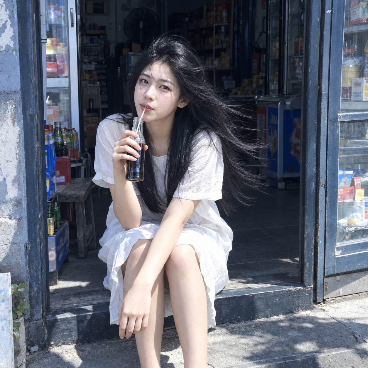古い街角の店の敷居に立つ東アジアの成人女性ライフスタイルポートレート