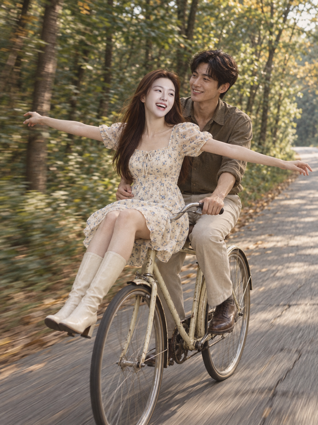 森の中の大人カップルとヴィンテージ自転車の映画スチル