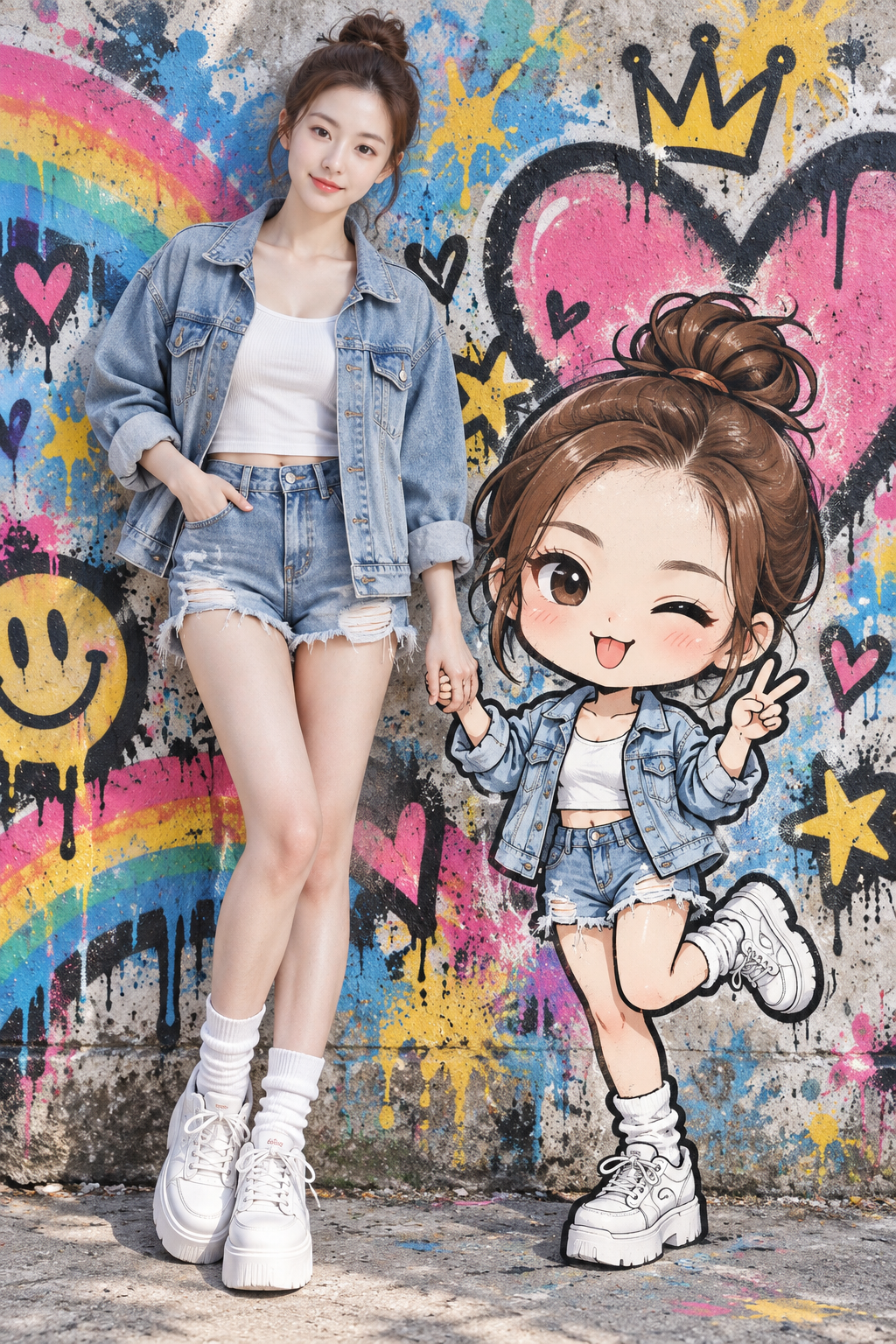 Ảnh đường phố của người phụ nữ thật và bản sao vẽ nguệch ngoạc chibi
