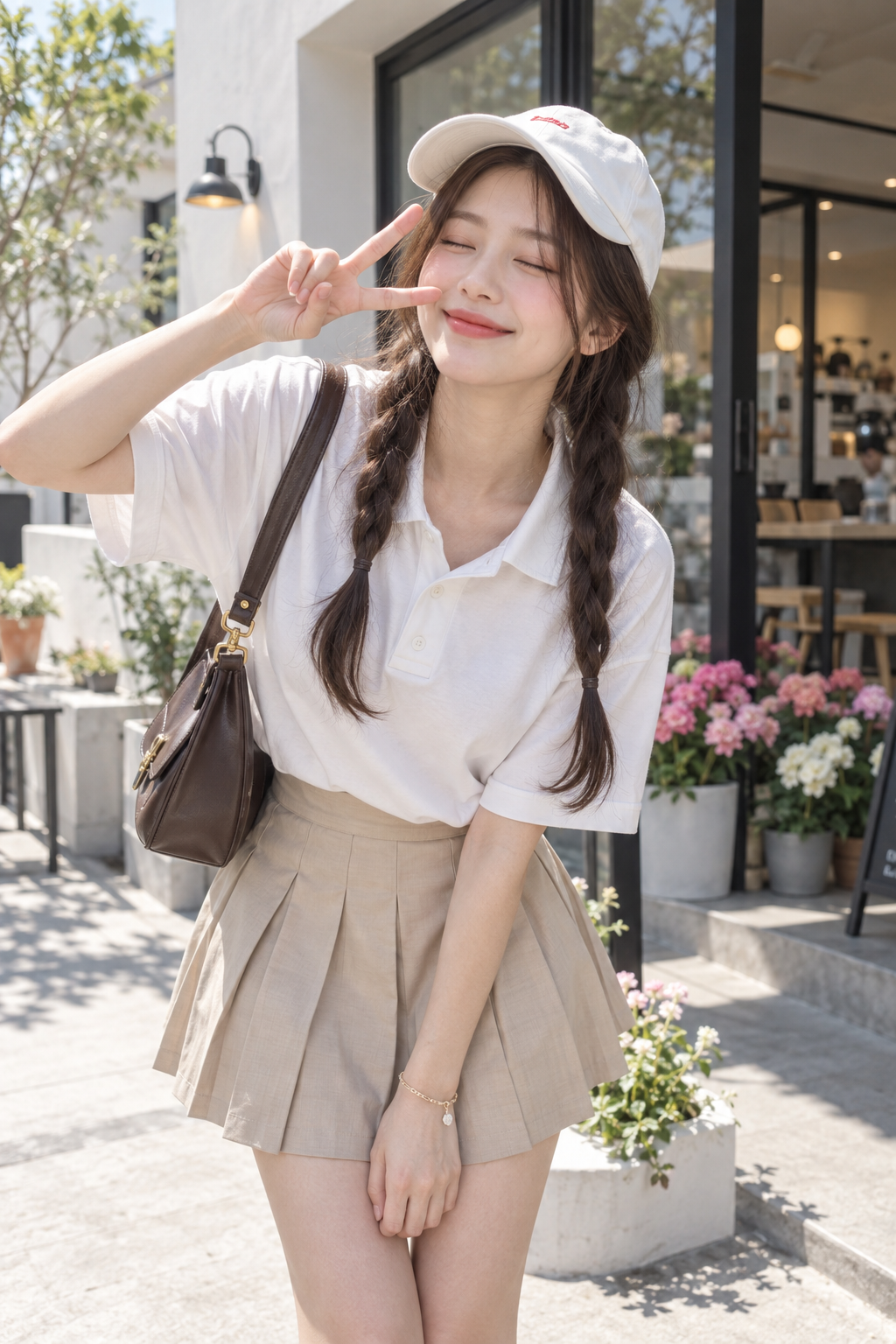 カフェの前でお茶目で甘い大人の日本人女性