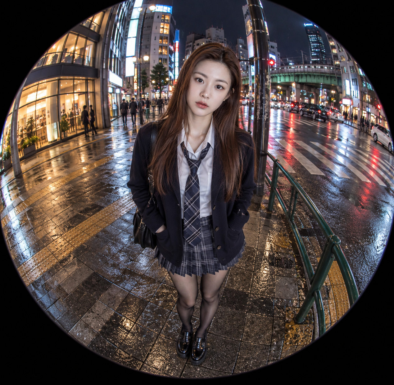 魚眼レンズで撮る日本の街角の成人女性の夜景ポートレート