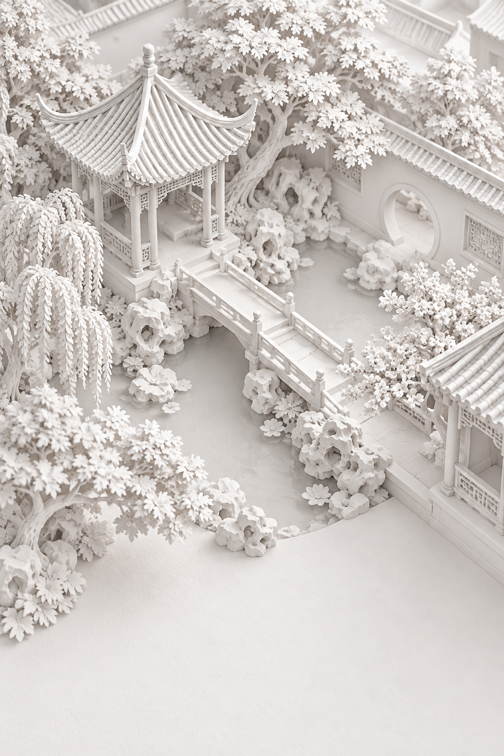純白レリーフ粘土風の中式庭園ミニチュア景観 — AI image creation