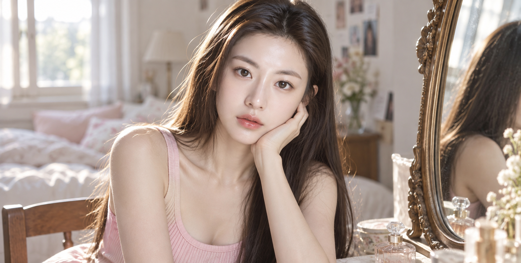 Hyper-realistic portrait of an East Asian woman before a vintage mirror