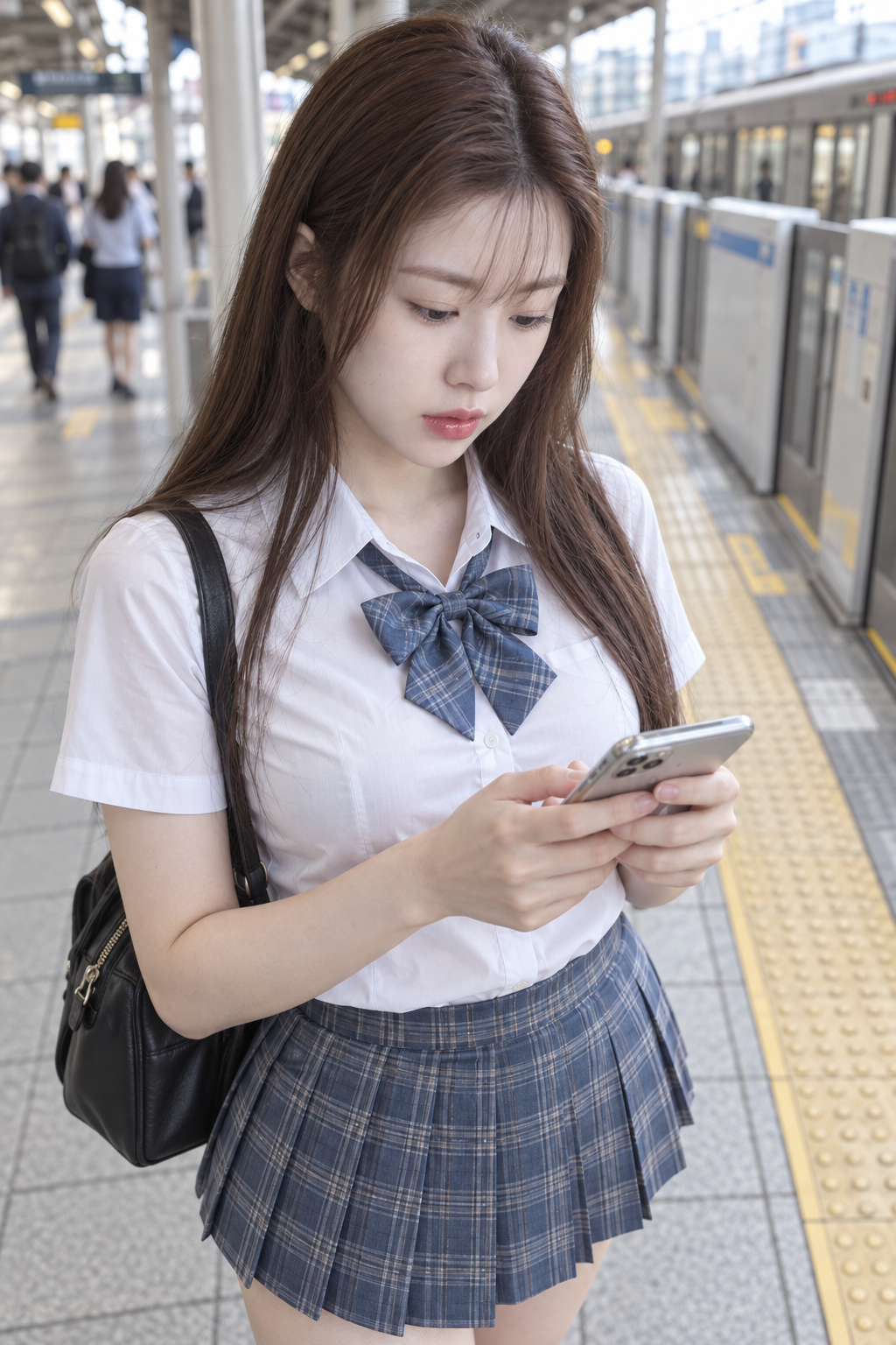 Portrait argentique d'une femme adulte regardant son téléphone sur un quai de gare