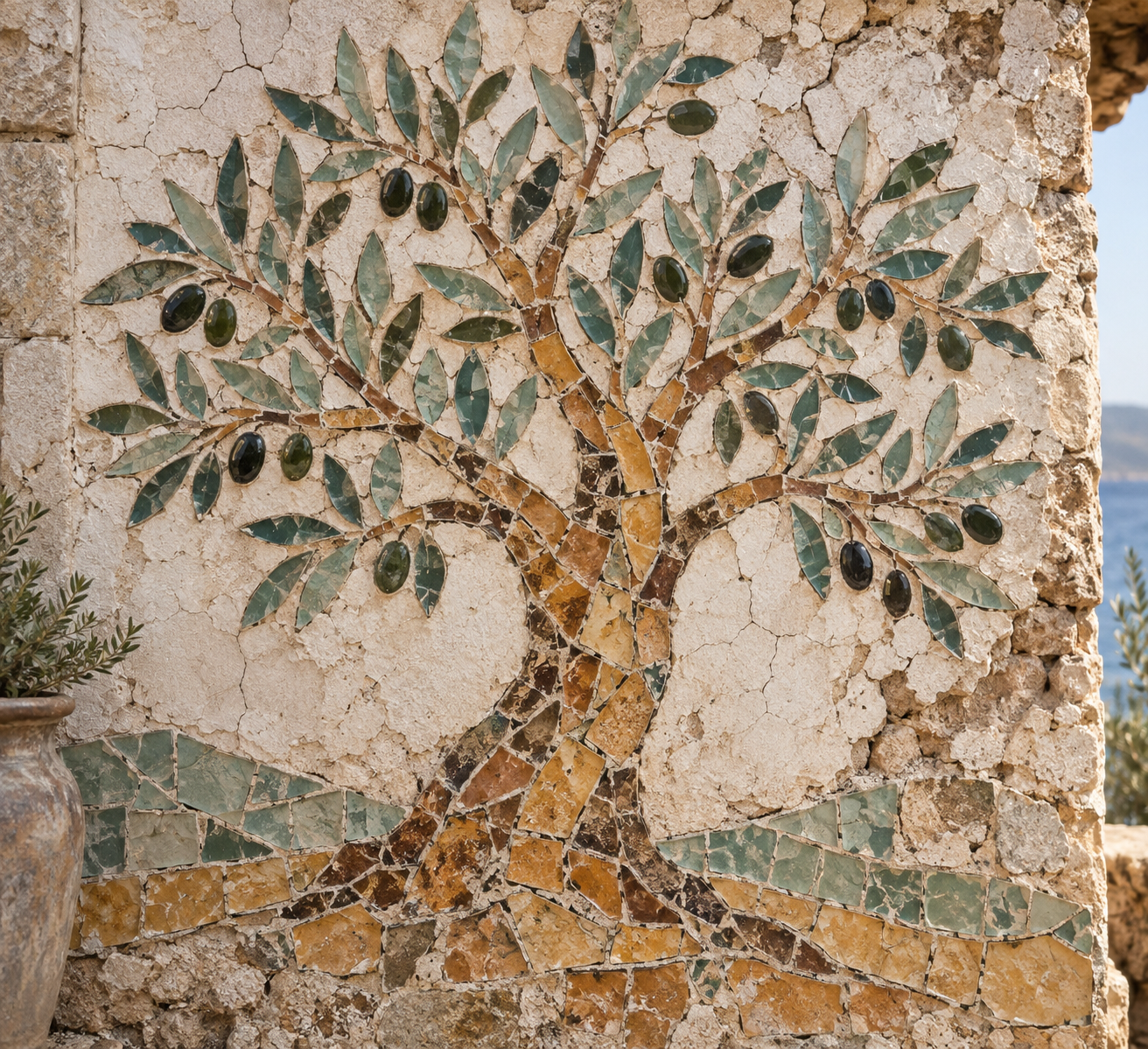 Mur en mosaïque de céramique et verre à l'olivier