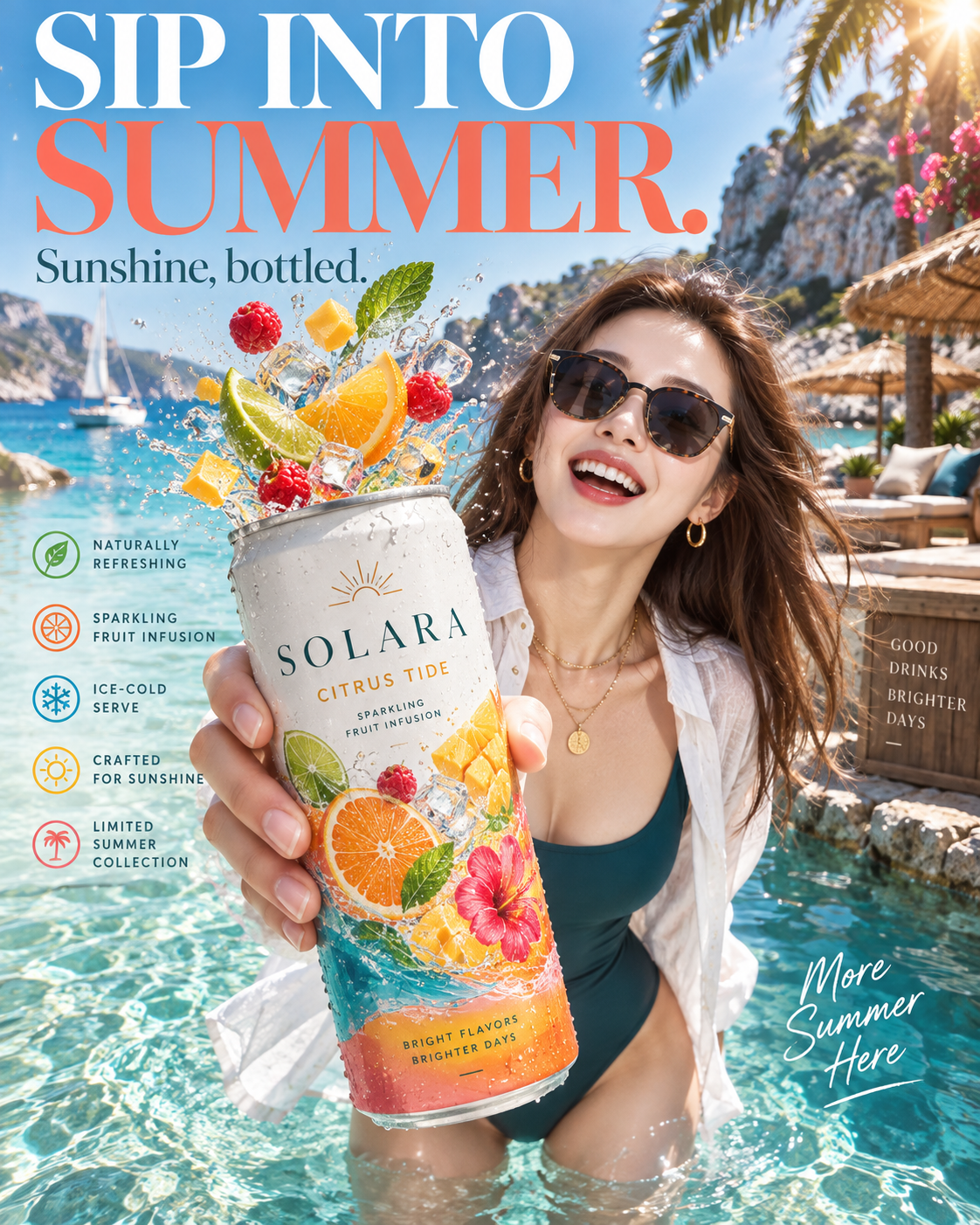 オリジナルフルーツスパークリングドリンク夏のライフスタイル広告