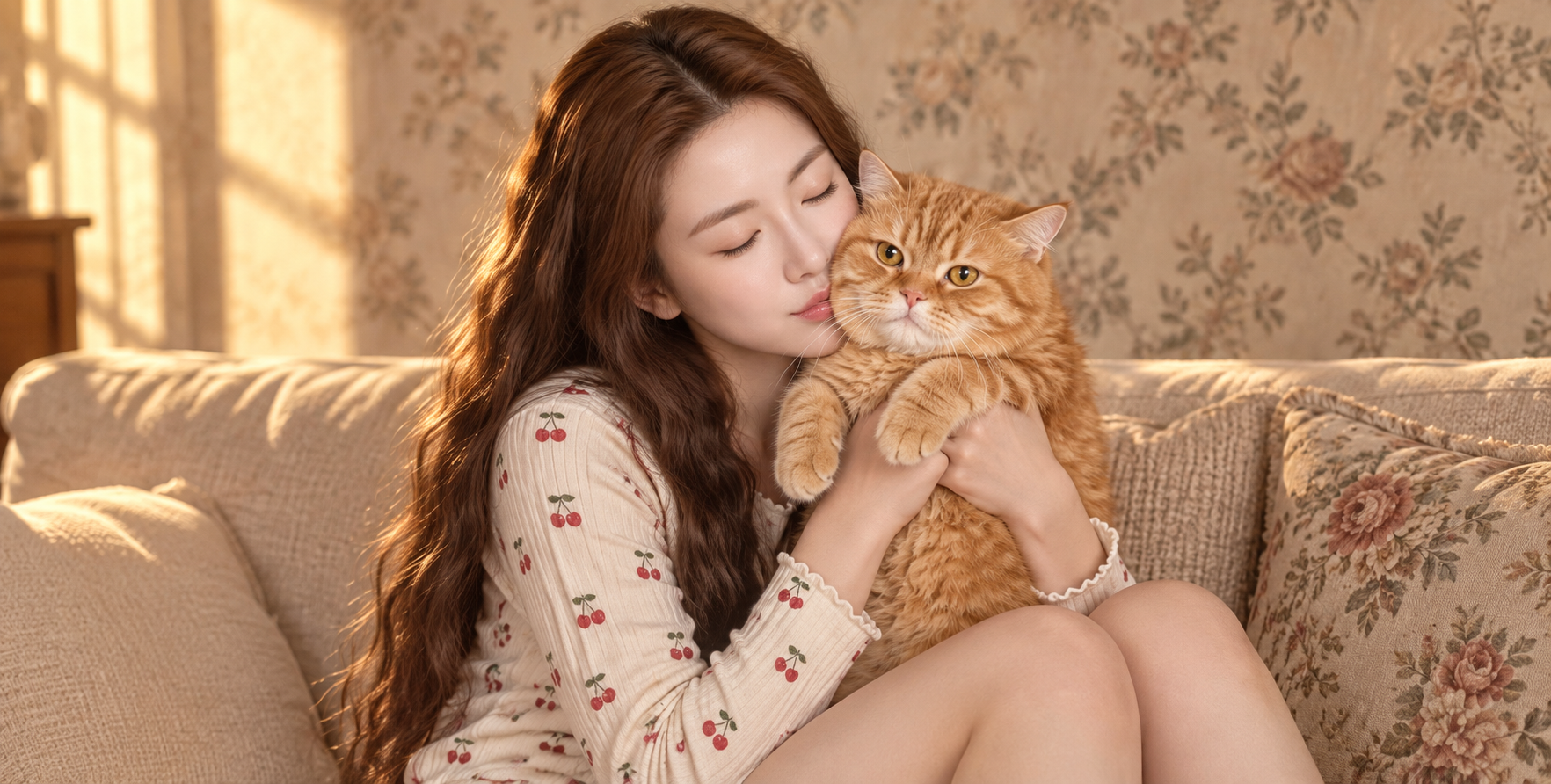 Đồ ngủ họa tiết anh đào và mèo vàng dưới nắng chiều ấm áp