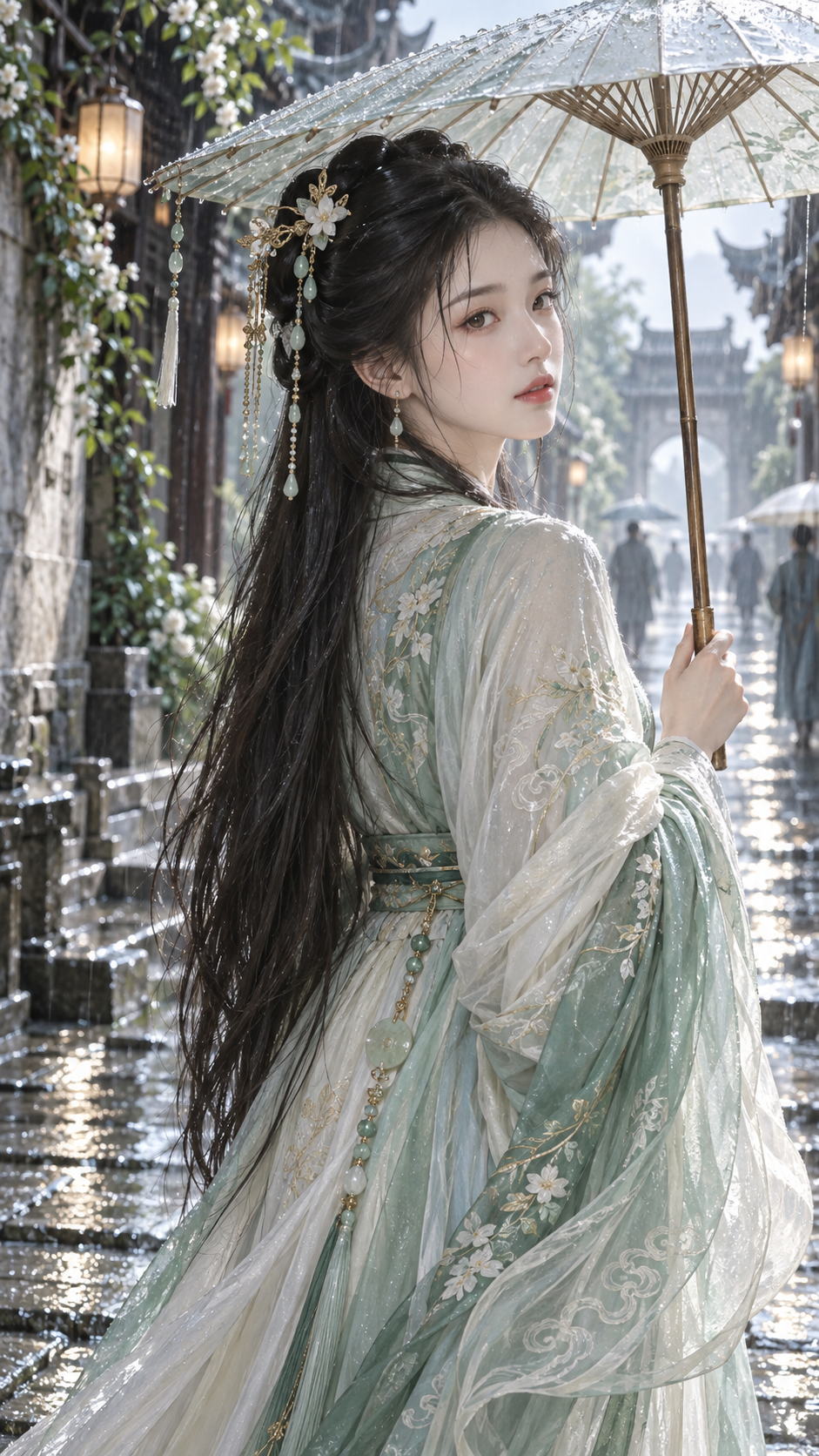 Portrait d'héroïne xianxia dans une ruelle de pierre bleue après la pluie