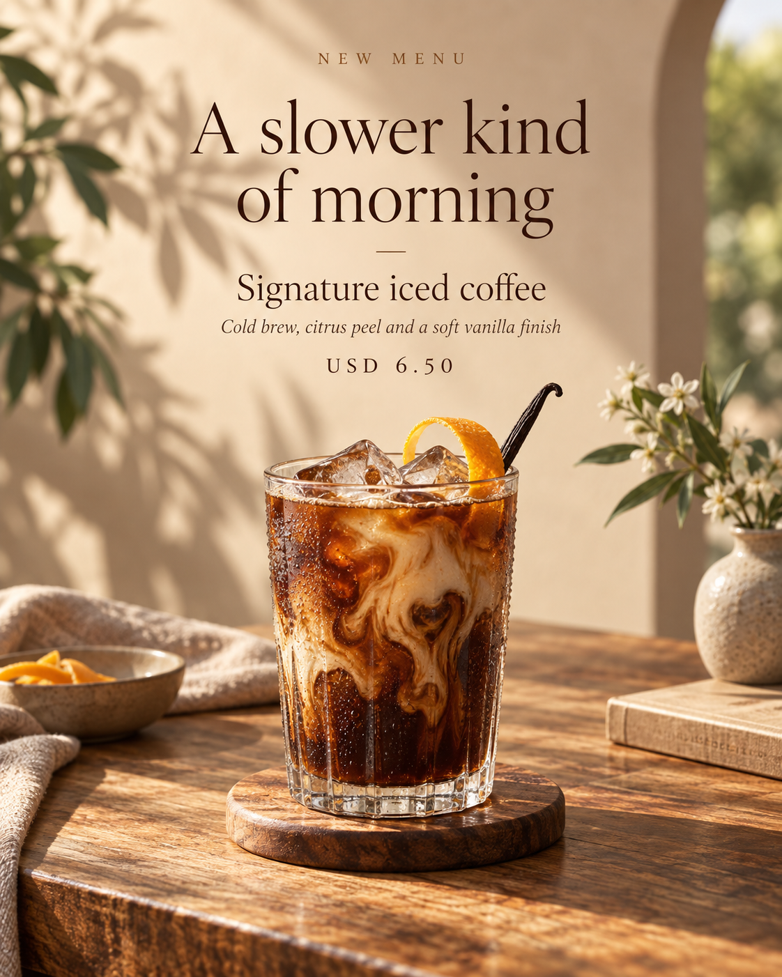 Affiche publicitaire minimaliste pour une nouvelle boisson de café haut de gamme