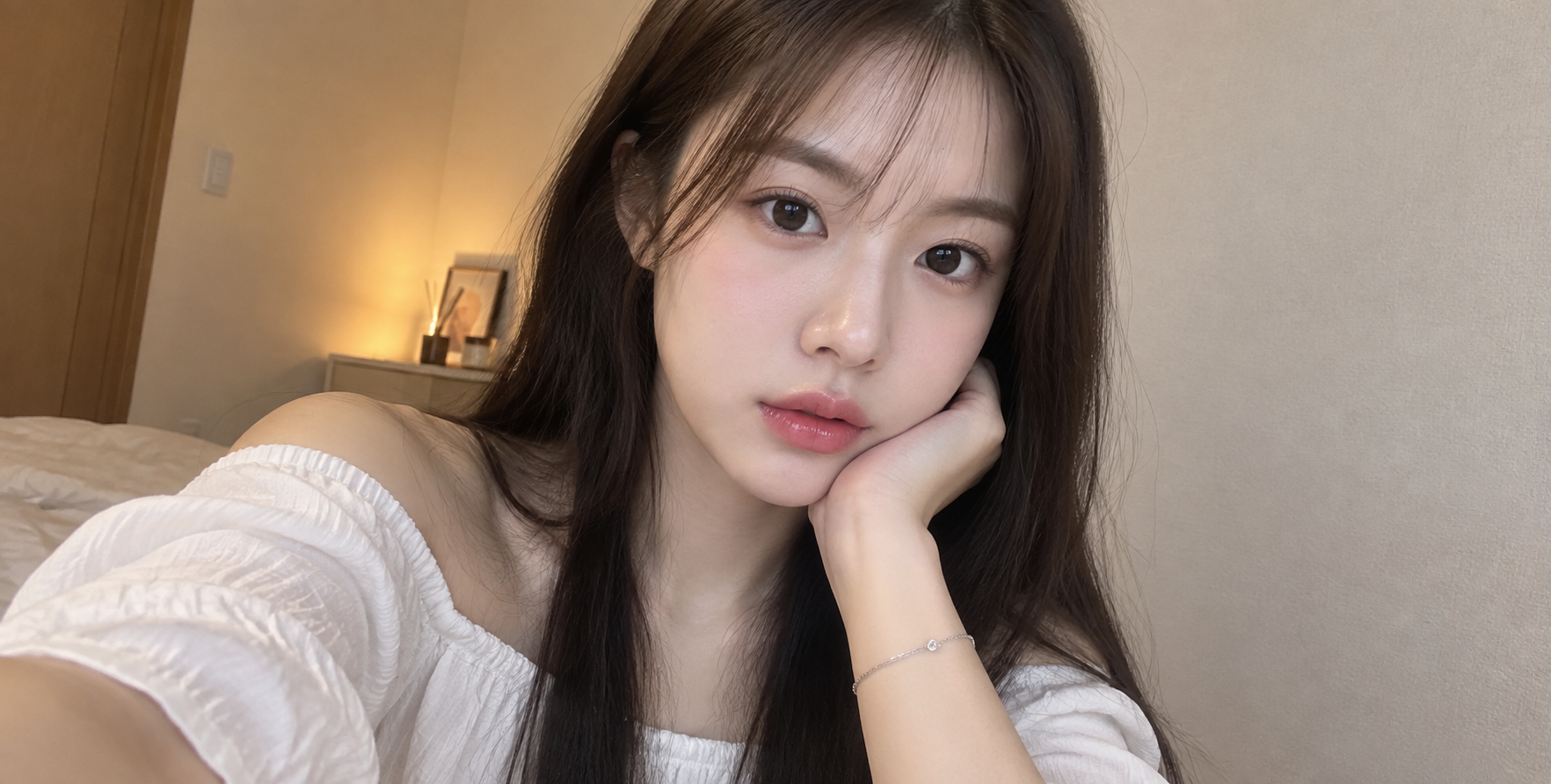 美しい日系少女の室内スマホ自撮りポートレート