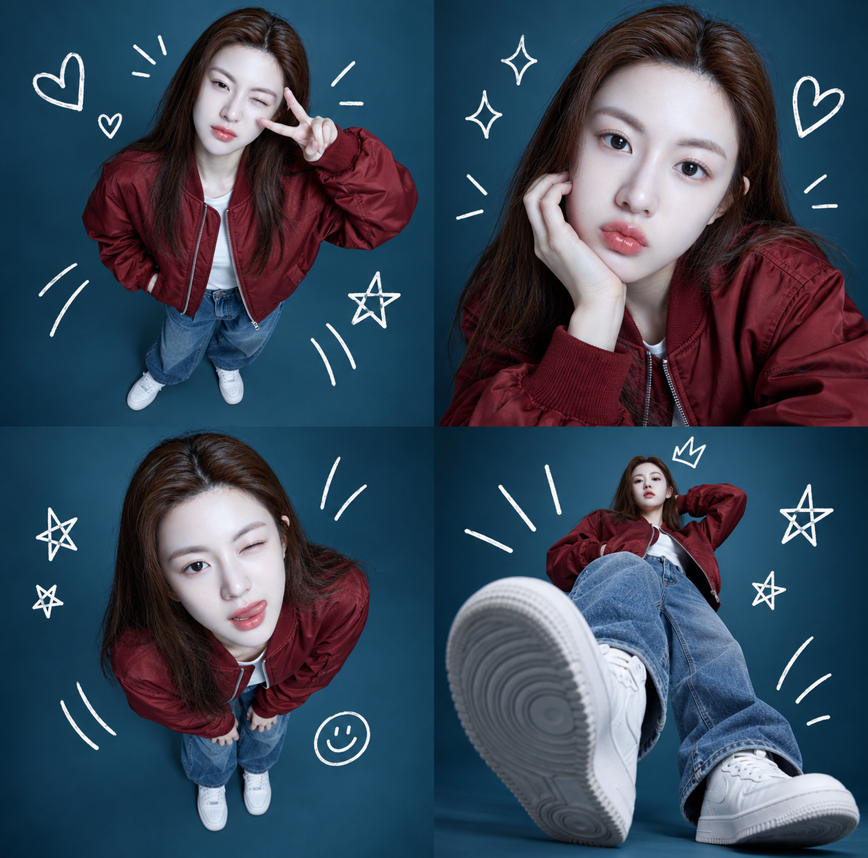 Four-Panel Fisheye Multi-Angle Portrait in a Deep Blue Studio