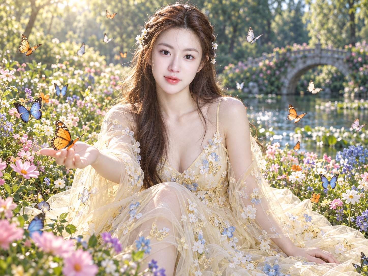 Portrait d'une femme en robe florale transparente accueillant des papillons