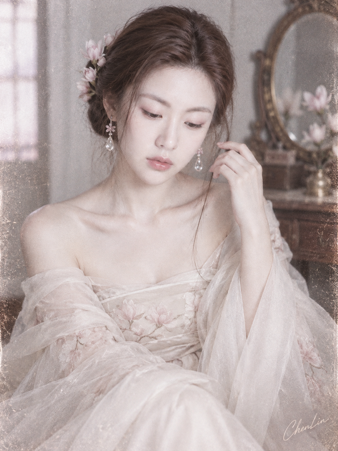 粗粒子の夢幻フィルム風韓国系新中式女性ポートレート