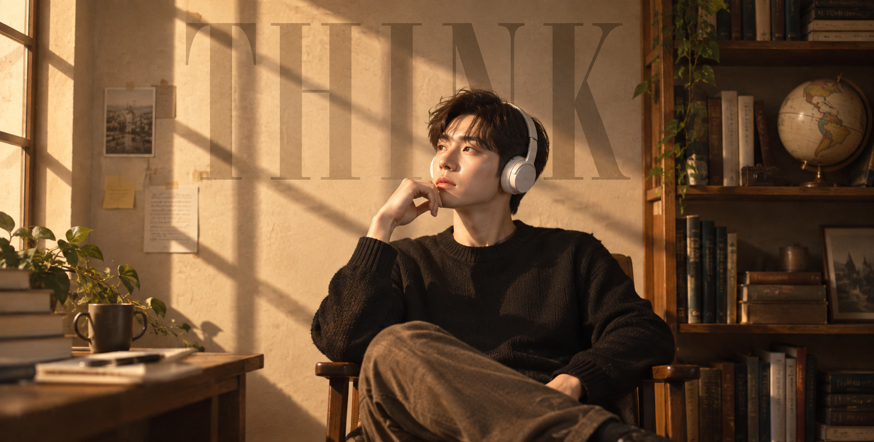 Pensive Adult Man in Golden Sunlight and Grid Shadows